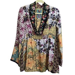 Johnny Was Size M Silk Tunic Top Empire Waist Ruched V-Neck Embroidered Fairy